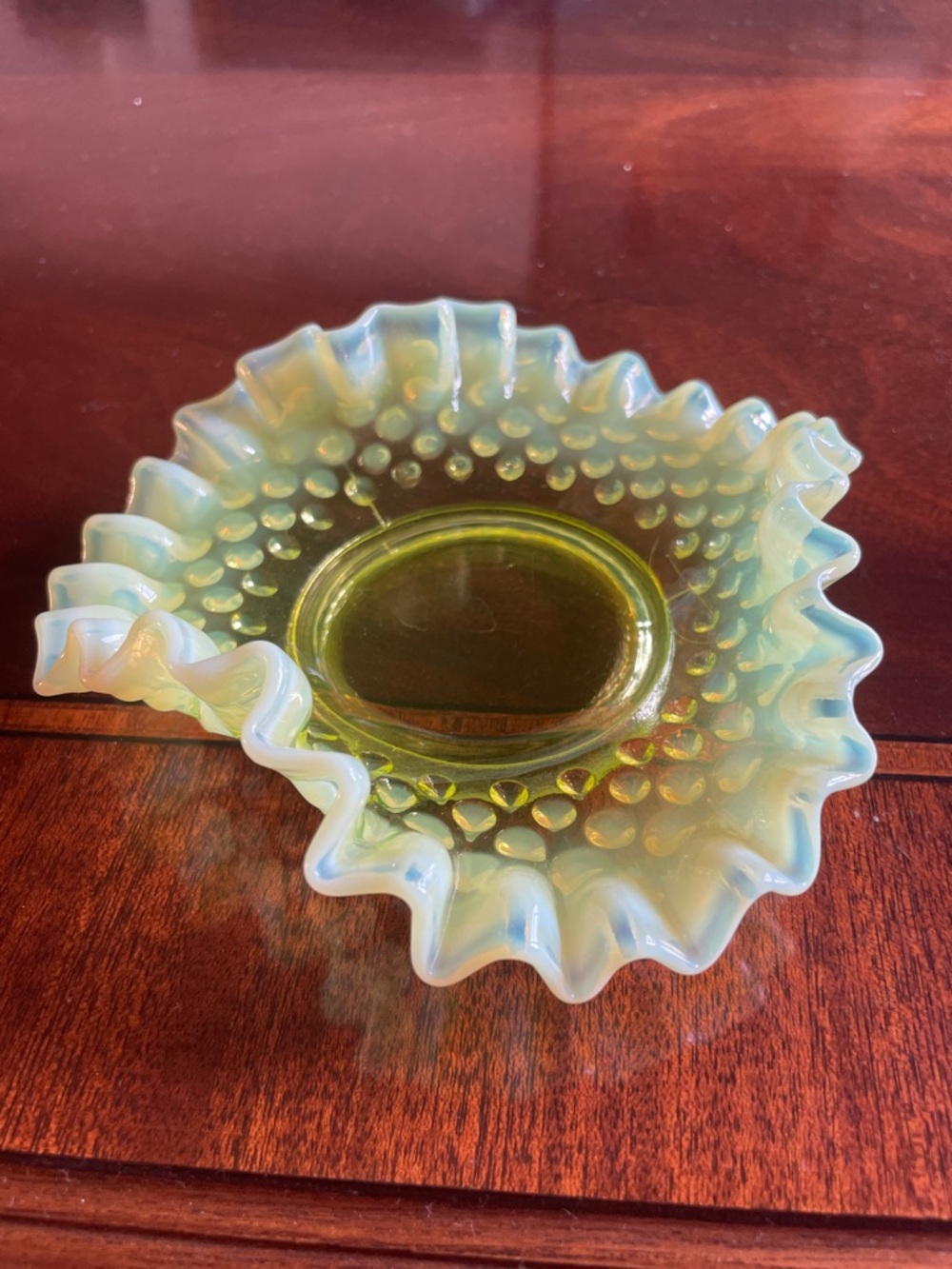 Fenton Topaz hobnail  Opalescent Ruffled Bon bon dish -